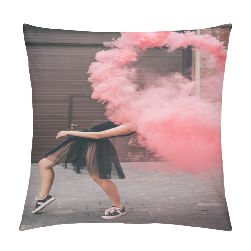 Personality  Flexible Young Woman Dancing In Pink Smoke On Urban Street   Pillow Covers