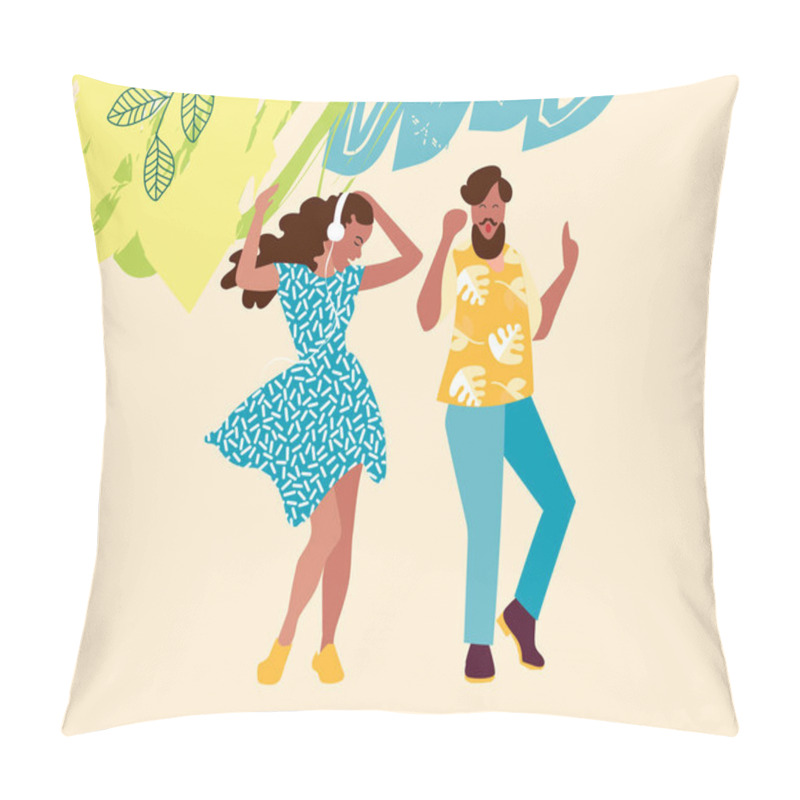 Personality  Dancing Young People. A Man And A Woman Dance And Move To The Music At A Party, Festival Or Carnival. Joyful Emotions. Vector Illustration Pillow Covers