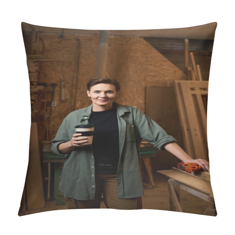 Personality  A Skilled Female Carpenter Confidently Holds A Cup While Engaged In Woodwork Within Her Busy Workshop. Pillow Covers