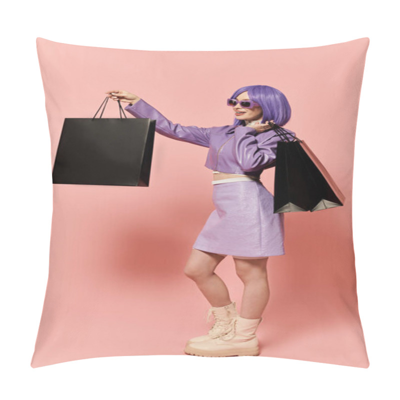 Personality  A Chic Woman With Purple Hair Flaunts Her Style And Confidence While Holding Shopping Bags. Pillow Covers