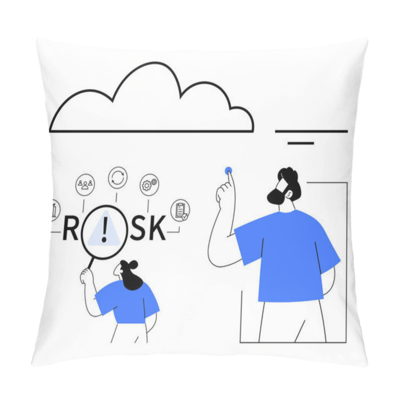 Personality  Man Holding A Magnifying Glass To Inspect The Word RISK Surrounded By Icons, Symbolizing Analysis And Decision-making. Another Man Interacts With A Floating Element. Ideal For Risk Management Pillow Covers