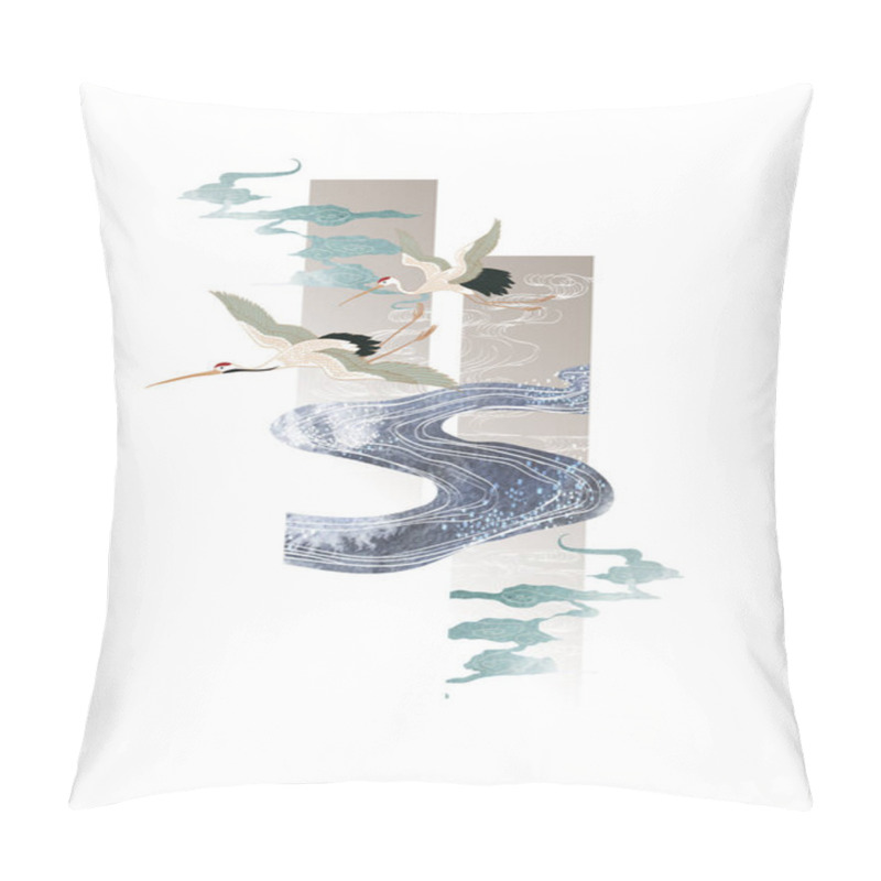 Personality  Crane Birds Vector. Japanese Background With Hand Drawn Cloud Vector. Oriental Natural Pattern With Ocean Sea With Grey Watercolor Painting Texture. Pillow Covers