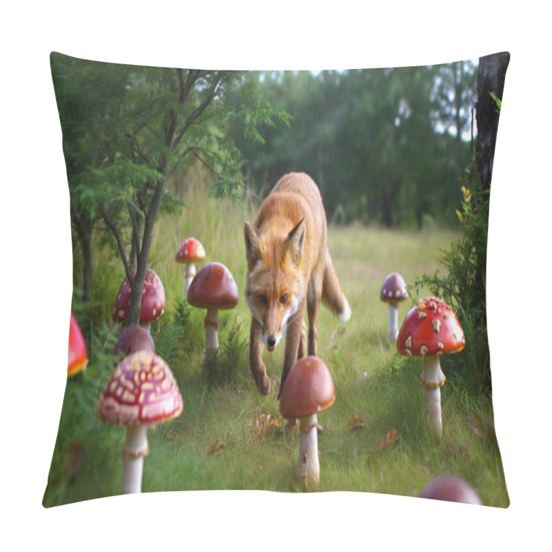 Personality  Craft A Scene Where A Curious Fox Investigates An Array Of Brightly Colored Mushrooms In A Sun-dappled Clearing. Pillow Covers