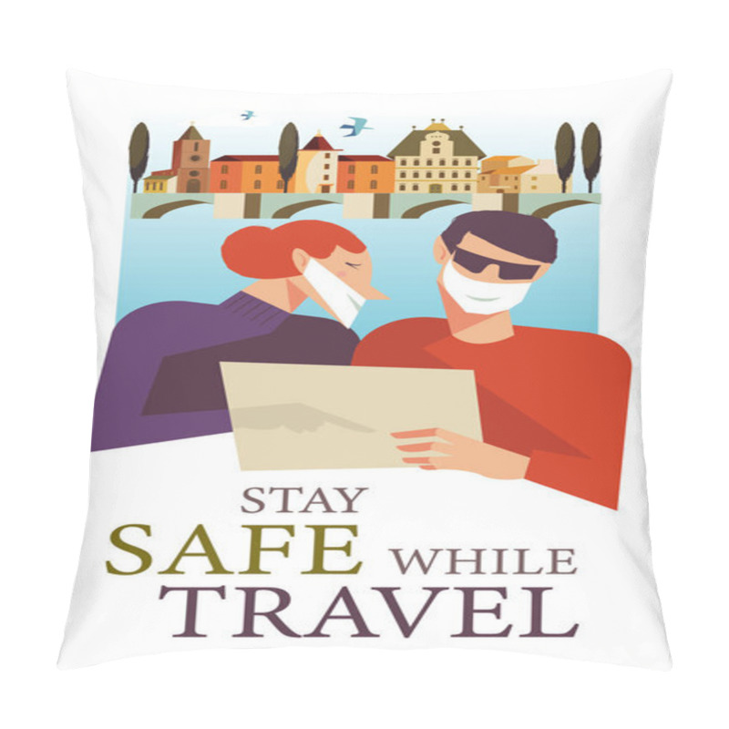 Personality  Stay Safe While Traveling. Vector Poster Encouraging People To Wear Masks. A Man And A Woman In Medical Masks Travel Through A Beautiful City. Pillow Covers