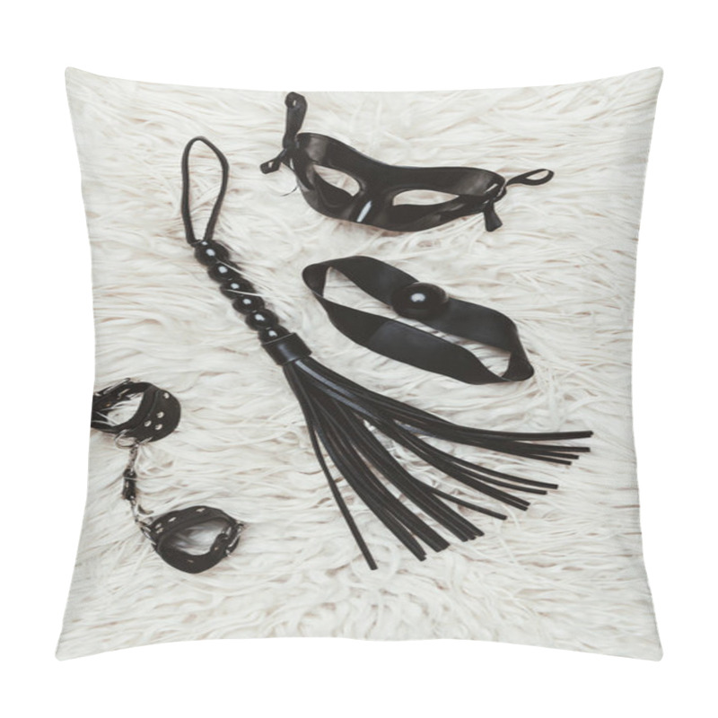 Personality  Black Bdsm Gag With Whip And Mask On White Carpet Pillow Covers