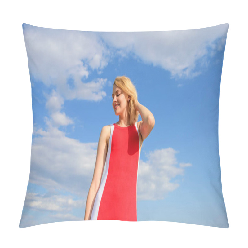 Personality  Woman Red Dress Feels Carefree And Free. Definition Of Female Freedom. Satisfied With Single Life. Key To Being Happy. Girl Blonde Lady Smiling Enjoy Freedom And Fresh Air Wind Blue Sky Background Pillow Covers