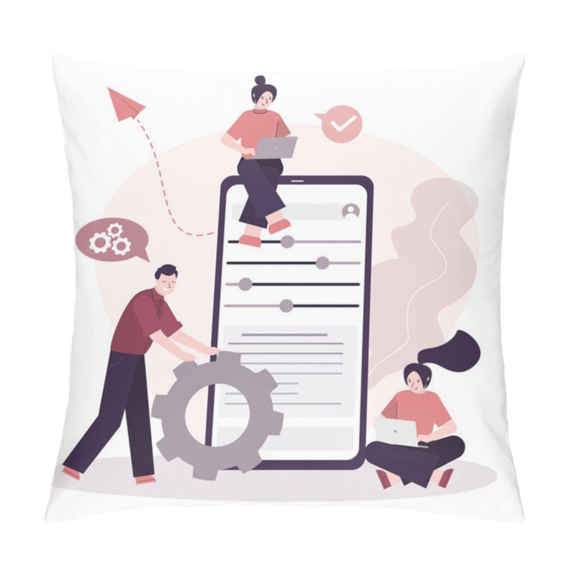 Personality  User Group Sets Up A Personal Account. Various Settings On Mobile Phone Screen. Cute Women Customize Profile Settings Through Laptops. Customization And Improvement Concept. Flat Vector Illustration Pillow Covers