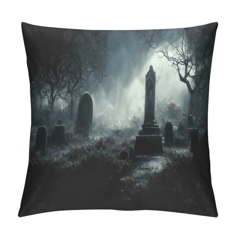 Personality  3D Illustration Of A Halloween Concept Dark Background Of A Castle And Graveyard. Horror Background In Foggy Weather. Happy Halloween Pillow Covers