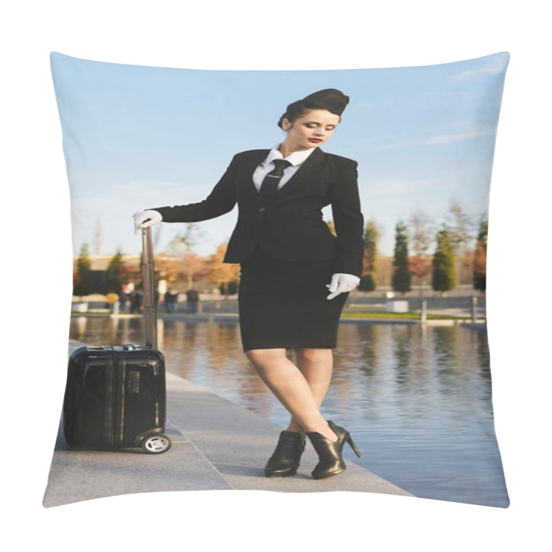 Personality  Attractive Young Woman Stewardess In Uniform Waiting For Her Flight With Suitcase Pillow Covers