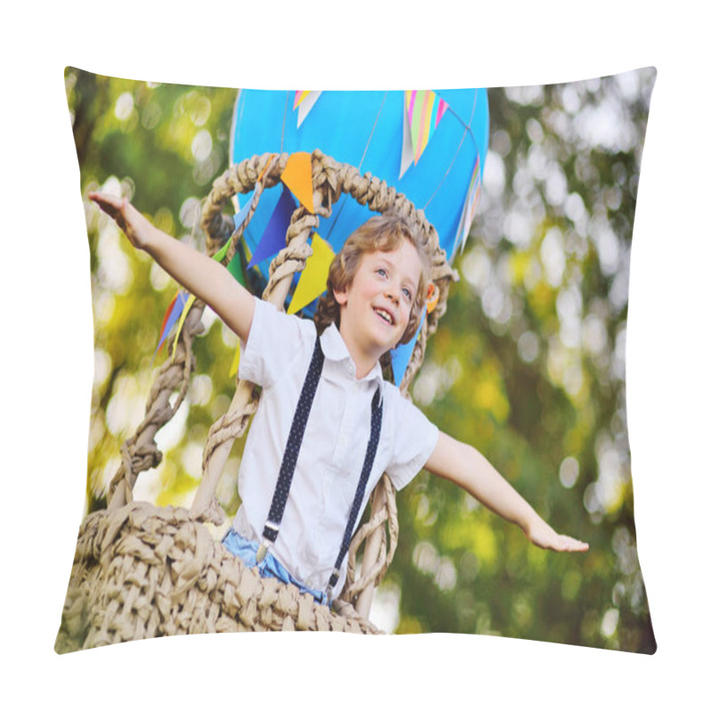 Personality  Small Boy With Curly Hair In A Basket Of A Blue Balloon Smiles And Looks Into The Distance Against The Background Of Greenery And The Sun. Pillow Covers