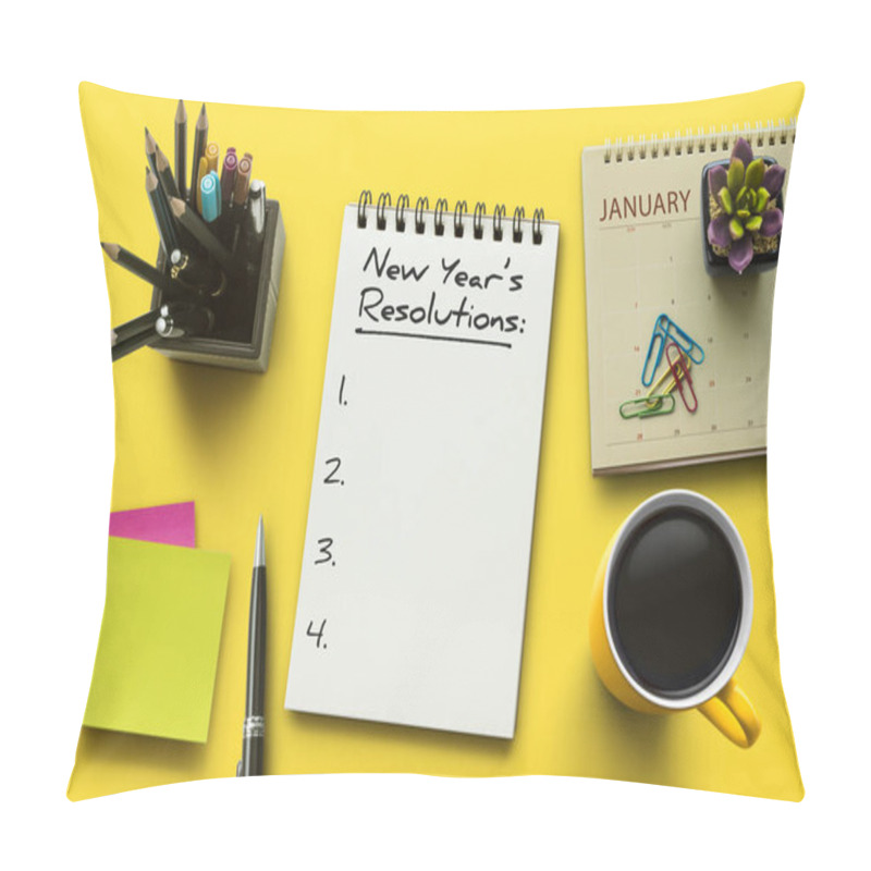 Personality  New Year Resolutions, Goals Or Action Plan Concept. Notebook On Office Table With Calendar, Coffee, Plant And Stationery. Flat Lay (top View) Notepad For Input Copy Or Text On Yellow Background. Pillow Covers