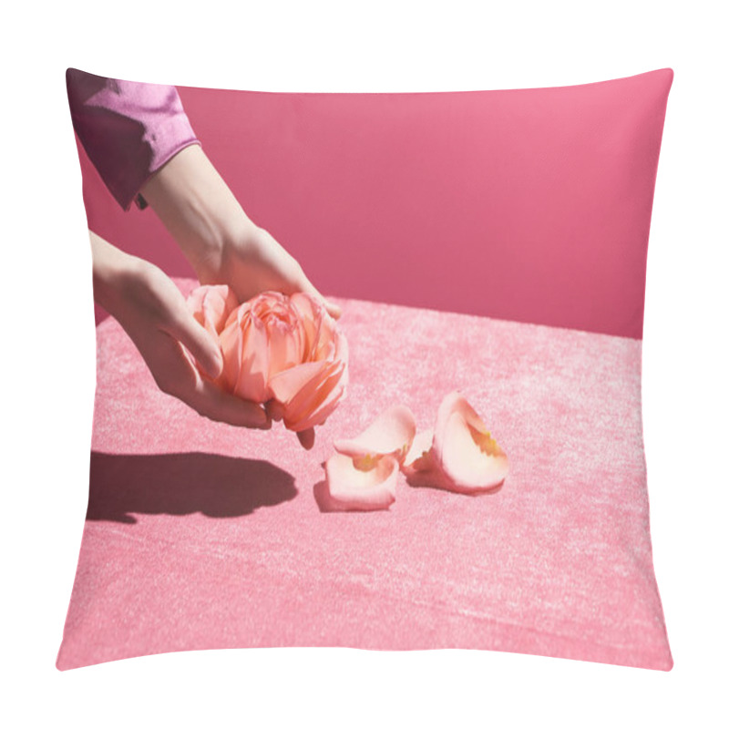 Personality  Cropped View Of Woman Holding Rose Petals Above Velour Cloth Isolated On Pink, Girlish Concept  Pillow Covers