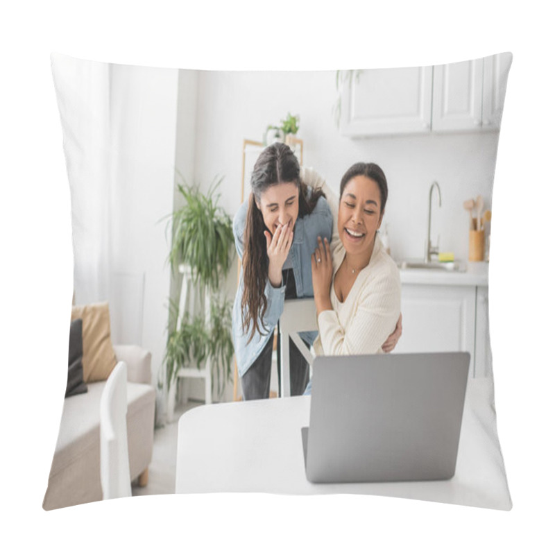 Personality  Lesbian Multiracial Woman With Engagement Ring On Finger Laughing With Girlfriend During Video Call  Pillow Covers