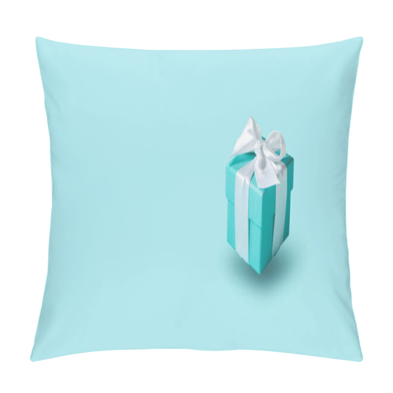 Personality  Flying In The Air The Gift Box Tied With Silk Ribbon On Tiffany Blue Color Pastel Background. Gift Festive Selection.   Pillow Covers