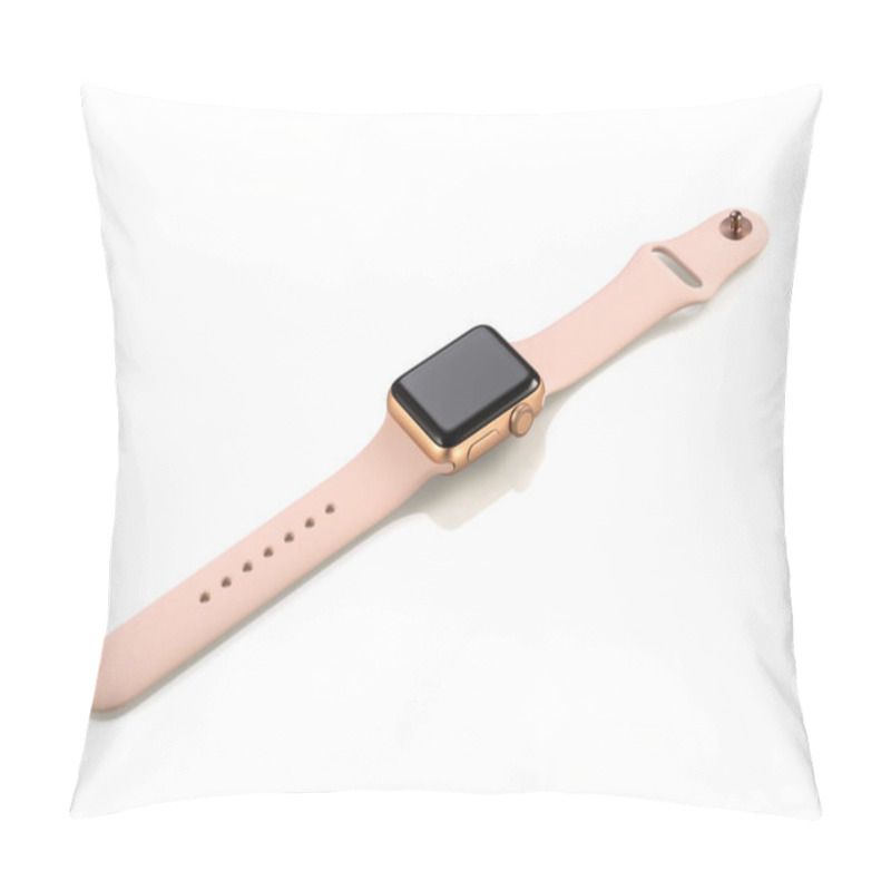 Personality  MOSCOW, RUSSIA - OCTOBER 07, 2017: New Apple Watch Series 3 Gold Pillow Covers