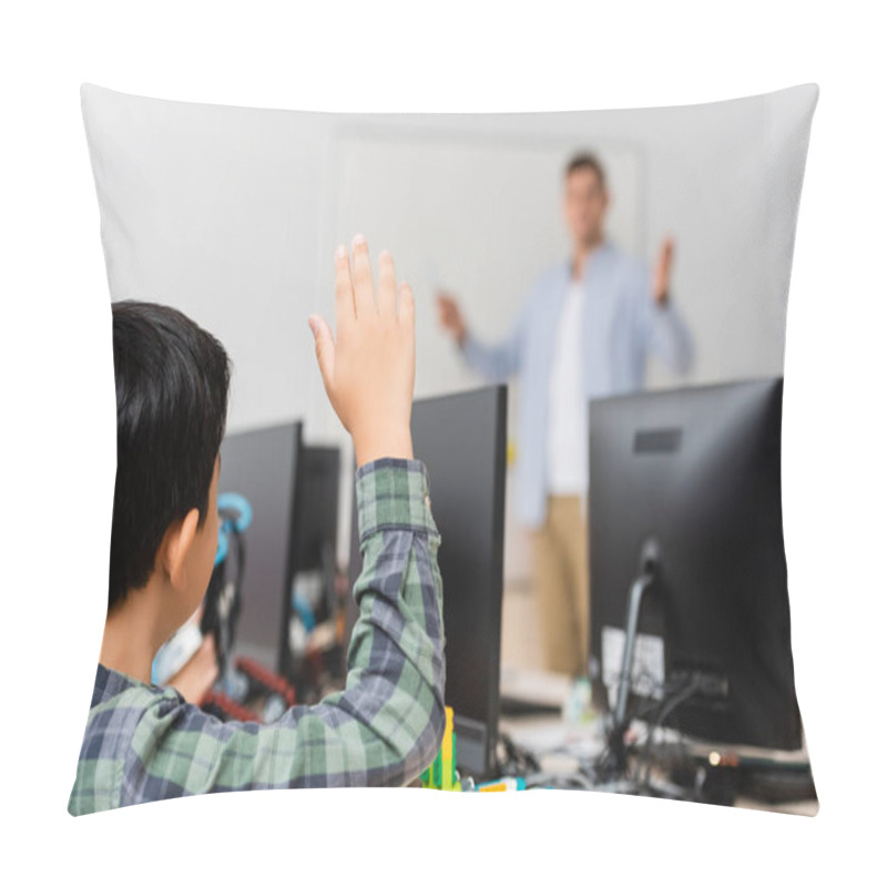 Personality  Selective Focus Of Schoolboy With Raised Hand Sitting Near Robot And Computers During Lesson In Stem School Pillow Covers