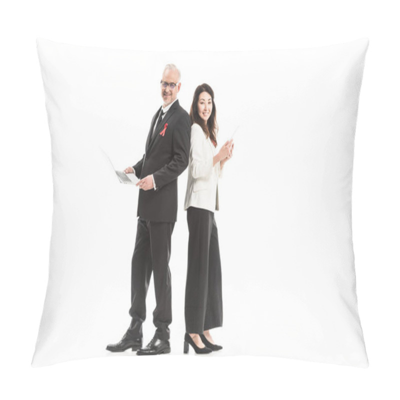 Personality  Successful Adult Businesspeople With Aids Awareness Red Ribbons Working With Gadgets While Standing Back To Back And Looking At Camera Isolated On White Pillow Covers