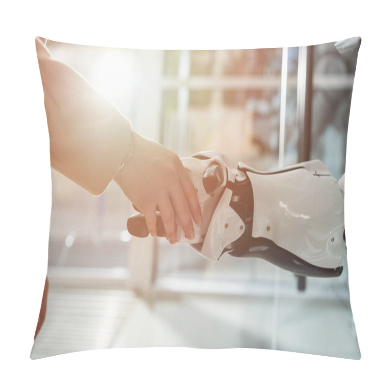 Personality  Cropped View Of Businessman And Robot Shaking Hands Pillow Covers