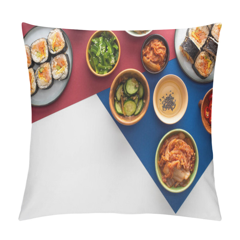 Personality  Top View Of Plates With Fresh Gimbap Near Korean Side Dishes On White, Blue And Crimson  Pillow Covers