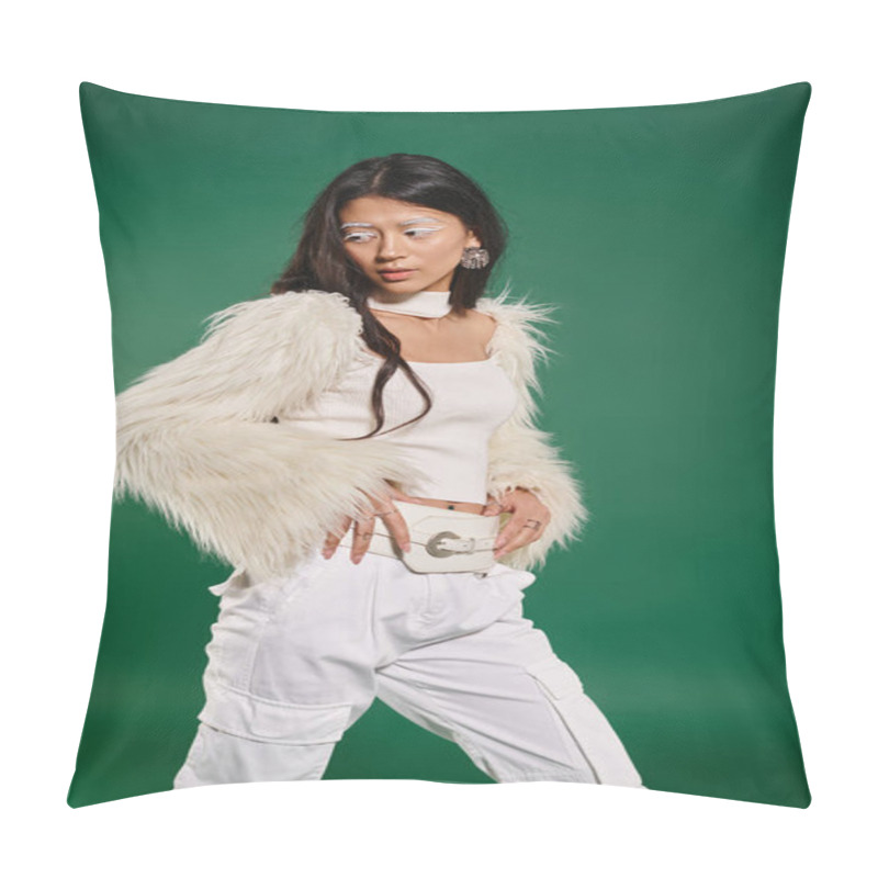 Personality  Asian Brunette Woman In Total White Outfit And Makeup Posing On Green Backdrop, Winter Fashion Pillow Covers