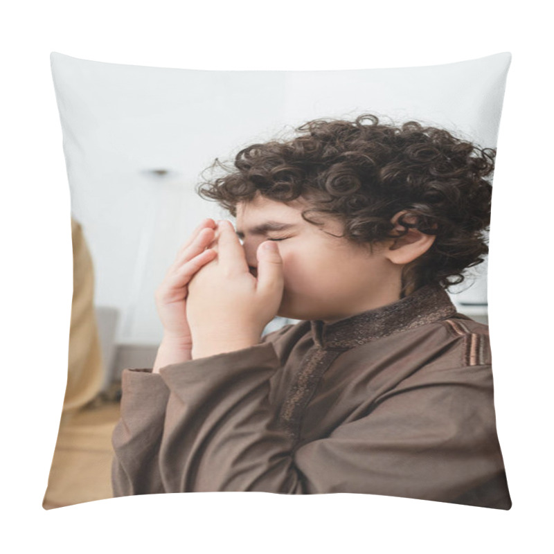 Personality  Curly Arabian Boy Holding Hands Near Face While Praying Near Blurred Father At Home  Pillow Covers