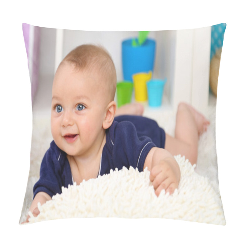 Personality  Cute Baby Boy Lying On Floor In Room Pillow Covers