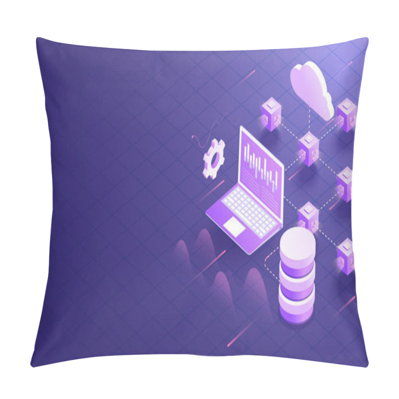 Personality  3D Illustration Of Cloud Server Connected With Multiple Local Servers And Laptop On Shiny Blue Background For Data Storage Or Analysis Concept. Pillow Covers