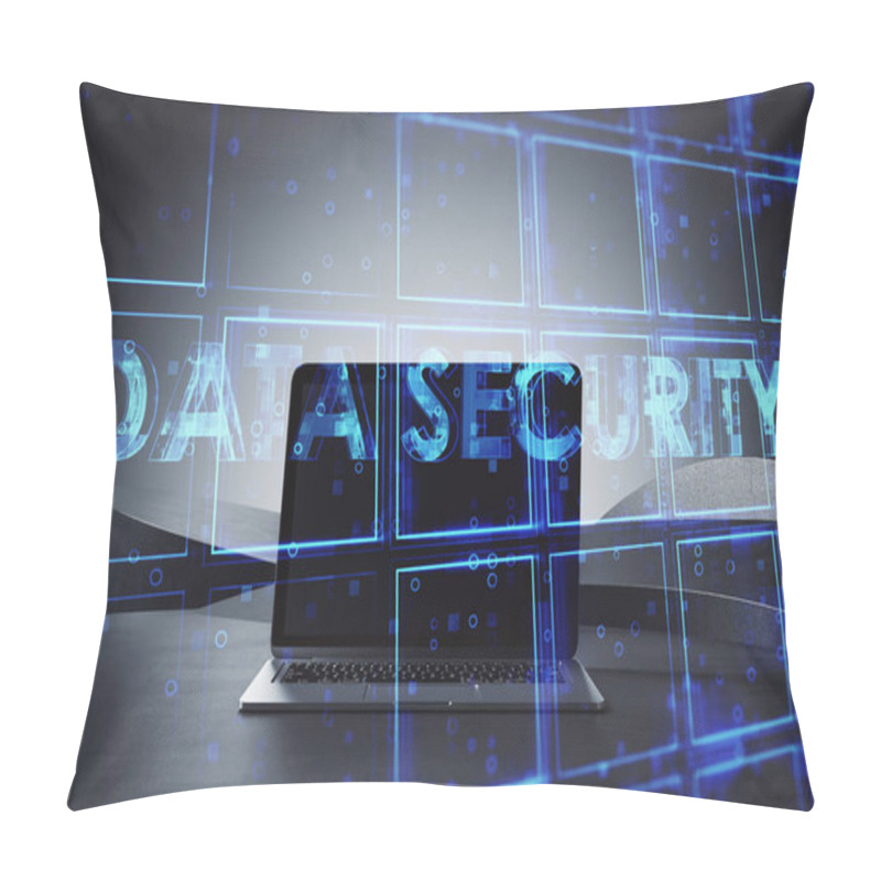 Personality  Close Up Of Laptop Computer With Creative Blue Cubes Data Security Text Hologram On Blurry Background. Technology, Secure And Information Protection Concept. Double Exposure Pillow Covers