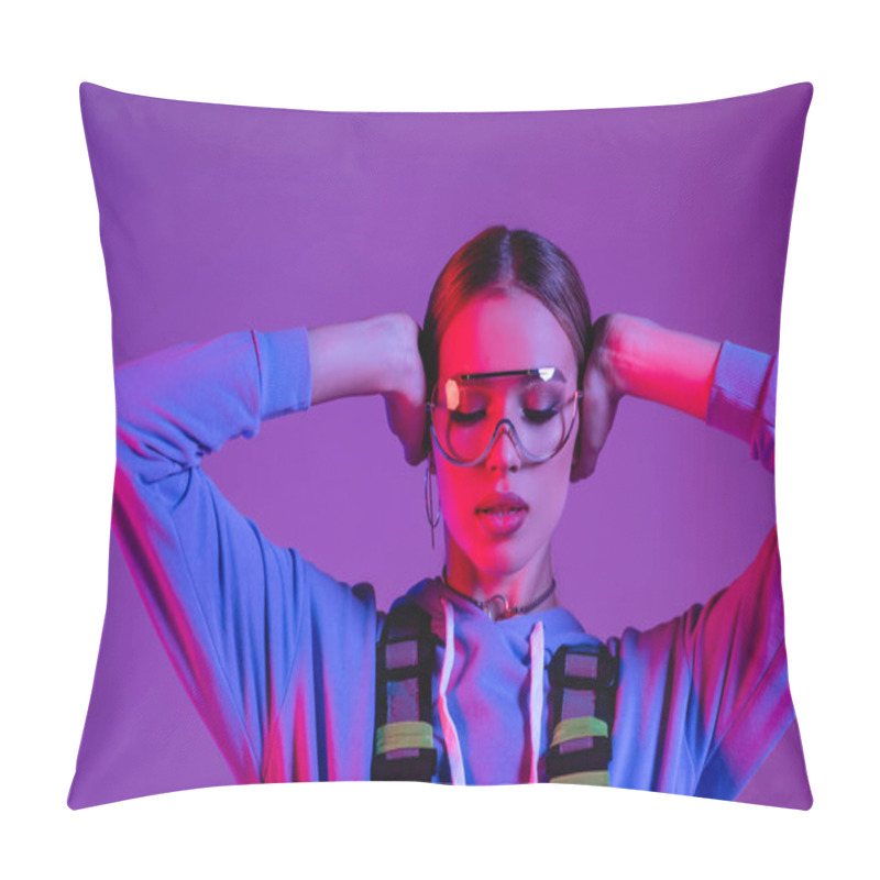 Personality  Young Stylish Woman In Sunglasses And Closed Eyes Isolated On Purple  Pillow Covers