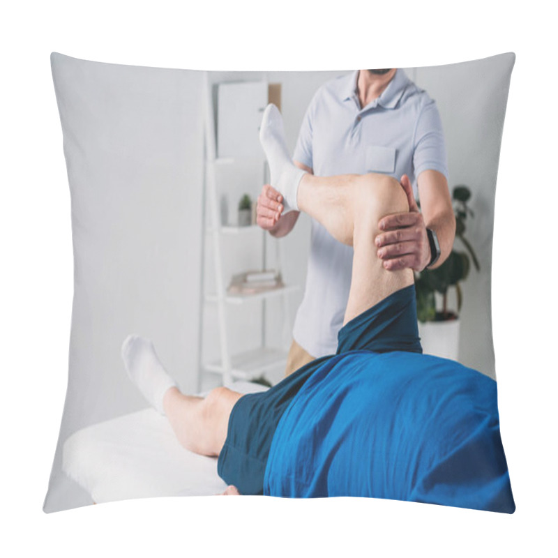 Personality  Partial View Of Rehabilitation Therapist Massaging Senior Mans Leg On Massage Table Pillow Covers