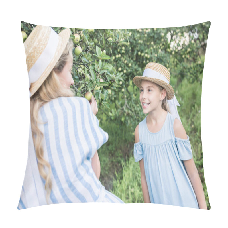 Personality  Beautiful Mother And Smiling Daughter Picking Green Apples Together Pillow Covers