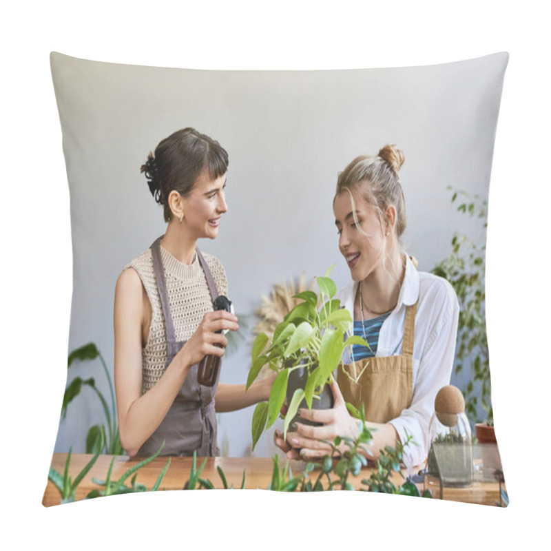 Personality  Lesbian Couple In Aprons Appreciating Greenery In Art Studio. Pillow Covers