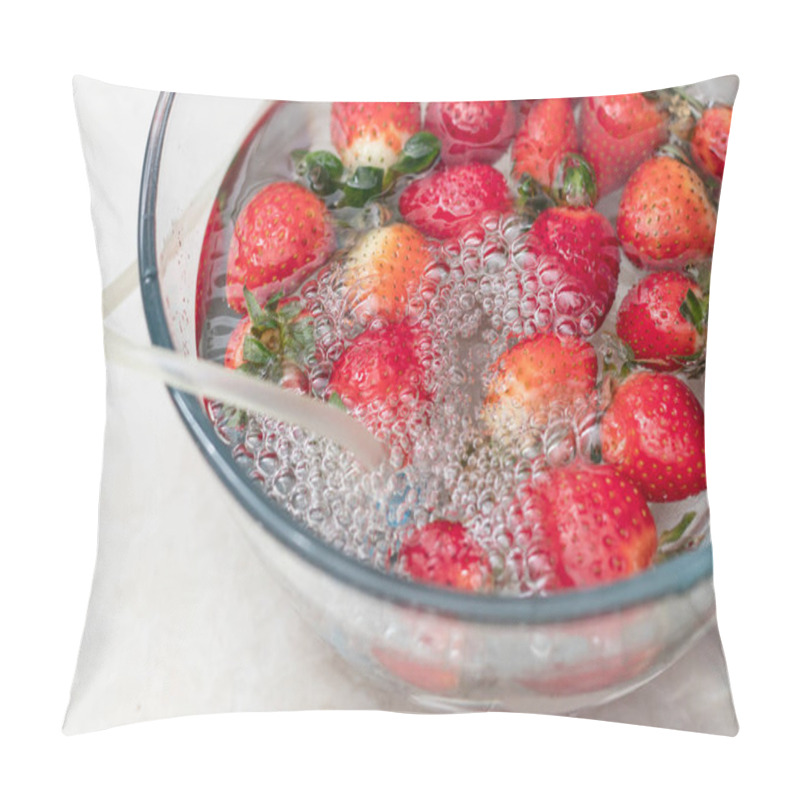 Personality  Strawberry In A Bowl With Water With A Round Ozonating Stone. Tubes Leading To Oxygen Pump And Ozone Generator. Ozonation Fruit. Food Disinfection With Ozon Pillow Covers