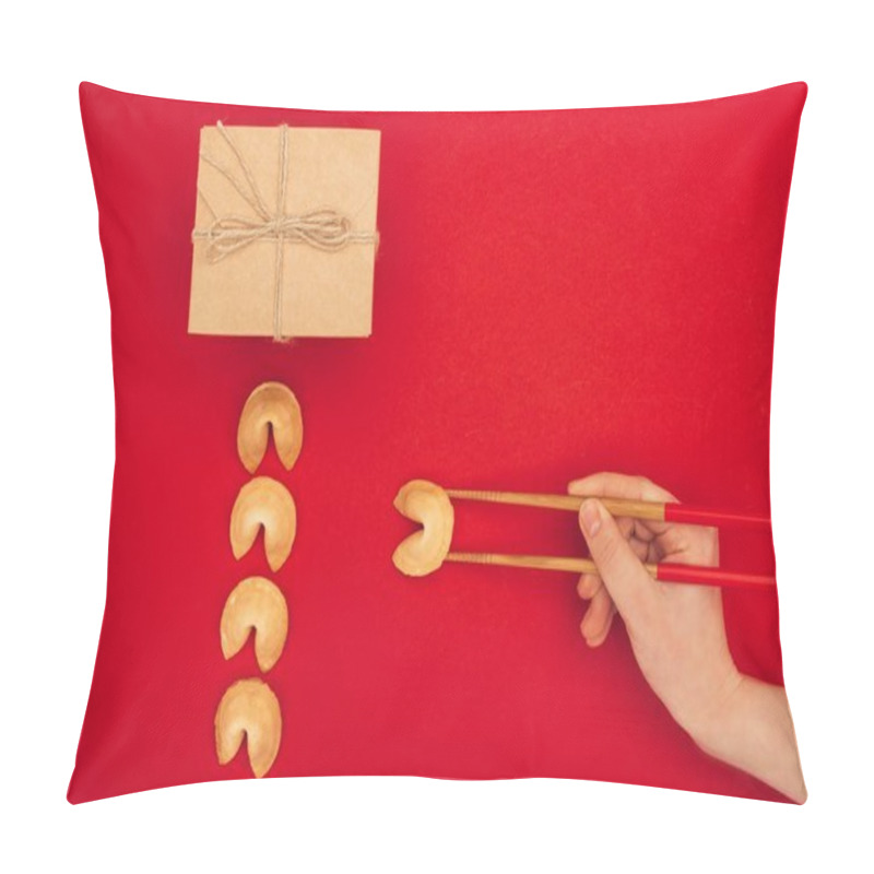 Personality  Cropped Shot Of Woman Taking Chinese Fortune Cookie With Chopsticks, Chinese New Year Concept Pillow Covers