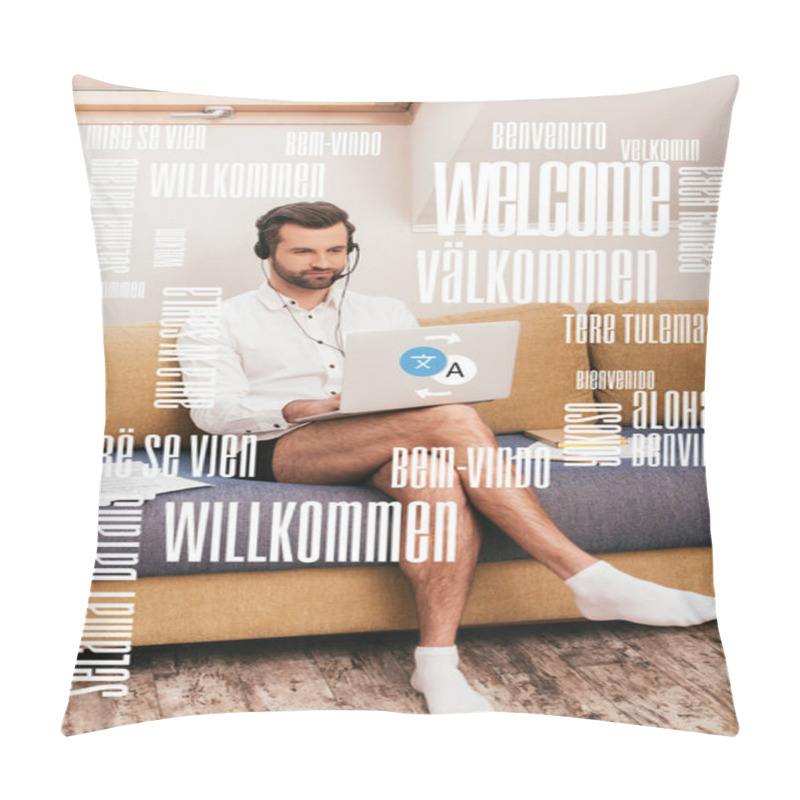 Personality  Handsome Man In Shirt And Panties Using Laptop And Headset On Couch At Home, Translation Illustration Pillow Covers