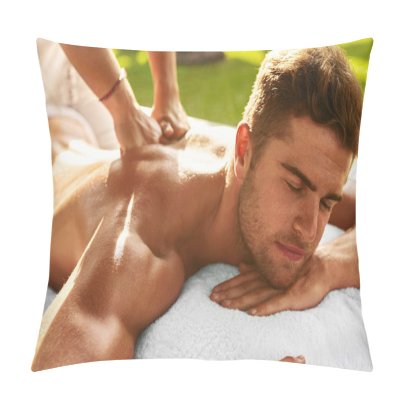 Personality  Spa Body Massage. Man Enjoying Relaxing Back Massage Outdoors Pillow Covers