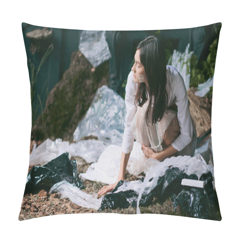 Personality  A Woman In White Poses In A Swamp Filled With Plastic Waste. Pillow Covers