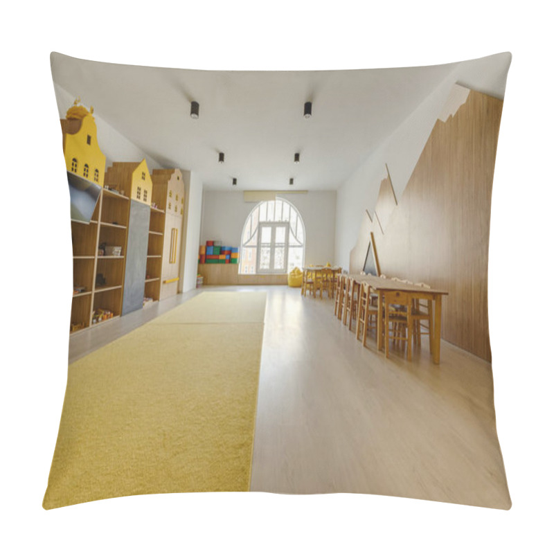 Personality  Cozy Kindergarten Classroom Interior With Yellow Carpet, Tables And Tv Pillow Covers