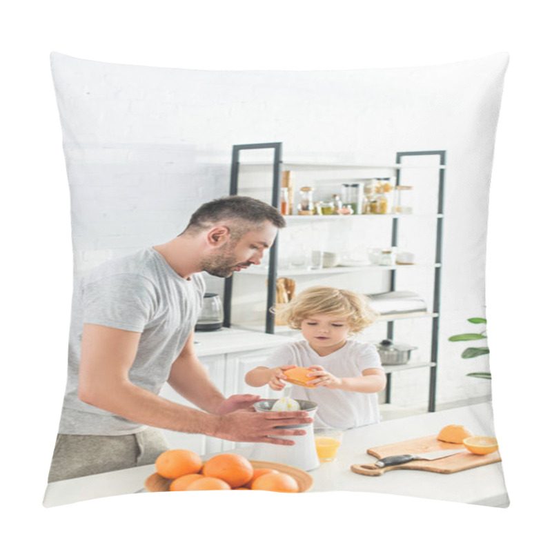 Personality  Little Boy Putting Orange In Squeezer For Making Fresh Juice While Father Helping Him At Kitchen Pillow Covers