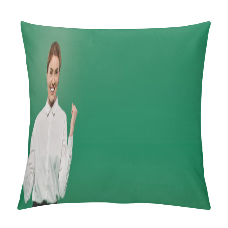 Personality  A Skilled Woman In Formal Attire Expresses Joy And Triumph With Fists Raised In A Motivational Setting. Pillow Covers