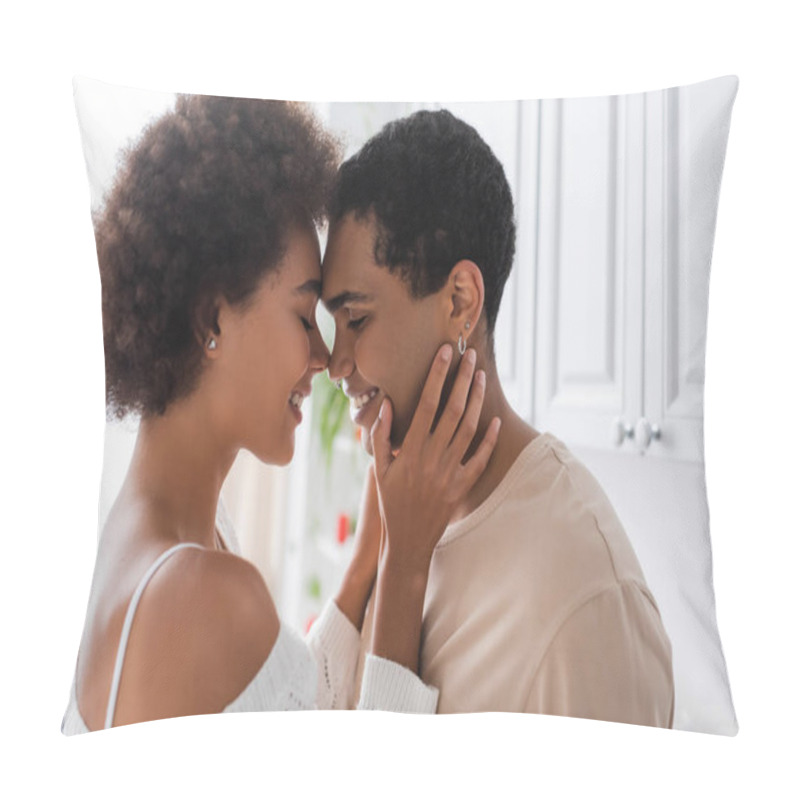 Personality  Side View Of Curly African American Woman Touching Face Of Happy Boyfriend In Kitchen Pillow Covers