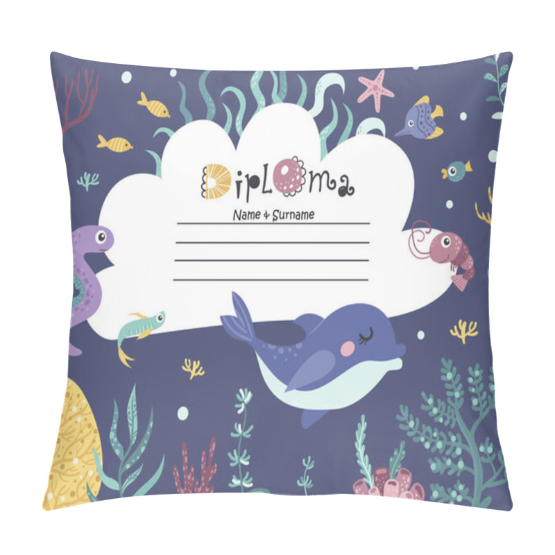 Personality  Diploma Template With Seaweed And Sea Animals, Certificate Background With Seaweed And Sea Animals For School, Preschool, Kindergarten. Pillow Covers