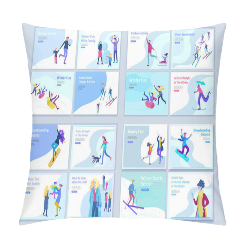 Personality  People Dressed In Winter Clothes Or Outerwear Performing Outdoor Activities Fun. Snow Festival, Sledding And Snowboard. Christmas Family Ski Skating, Making Snowman Pillow Covers