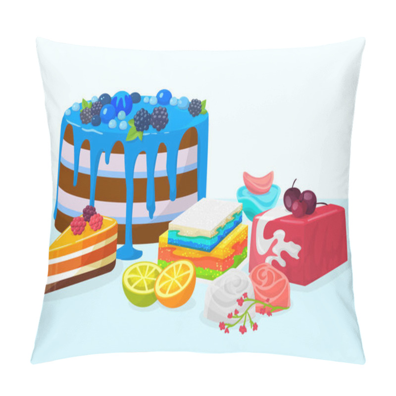 Personality  Desserts, Cakes On Table Vector Illustration. Delicious Pastries Desserts Cakes Festive Decorated With Various Berries, Pillow Covers