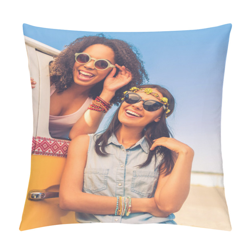 Personality  Woman Near Van And African Woman Looking Through Window Pillow Covers