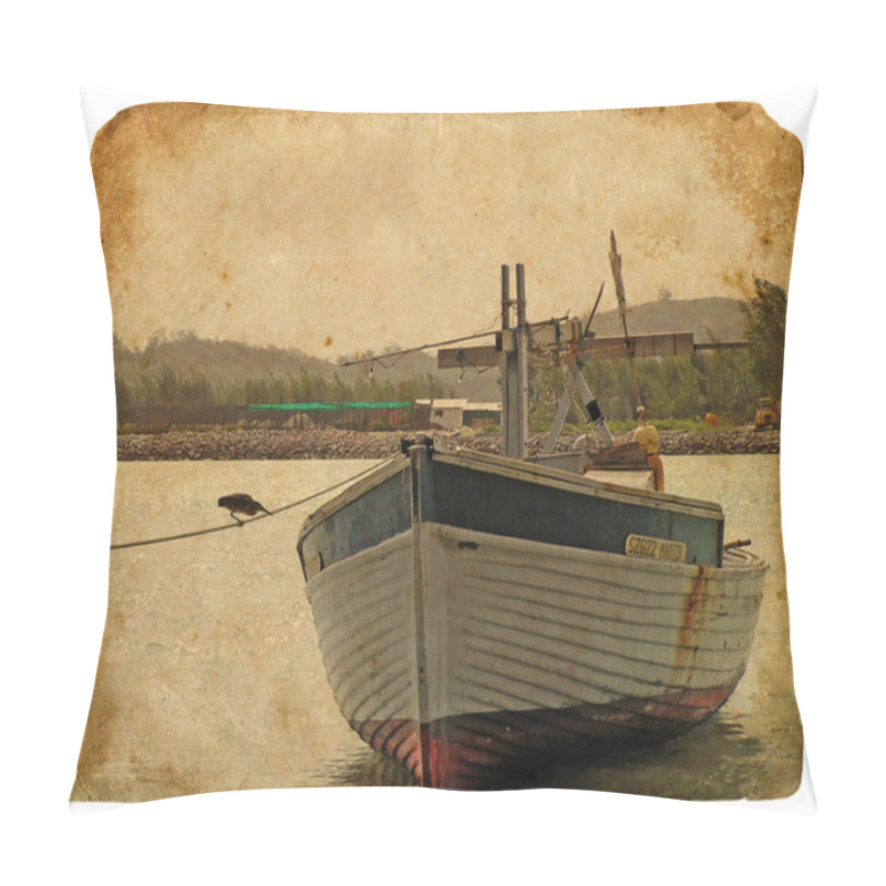 Personality  Fishing Boat Near The Shore. Old Postcard Pillow Covers