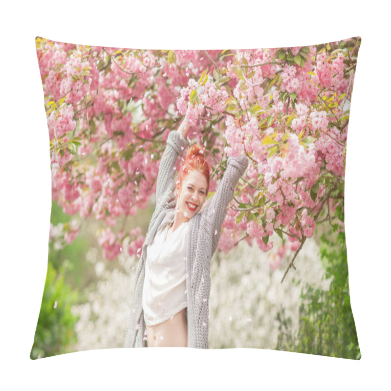 Personality  Beautiful Young Woman With Red Hair Having Fun Standing In Cherry Blossom Tree, Springtime Garden Mood Pillow Covers