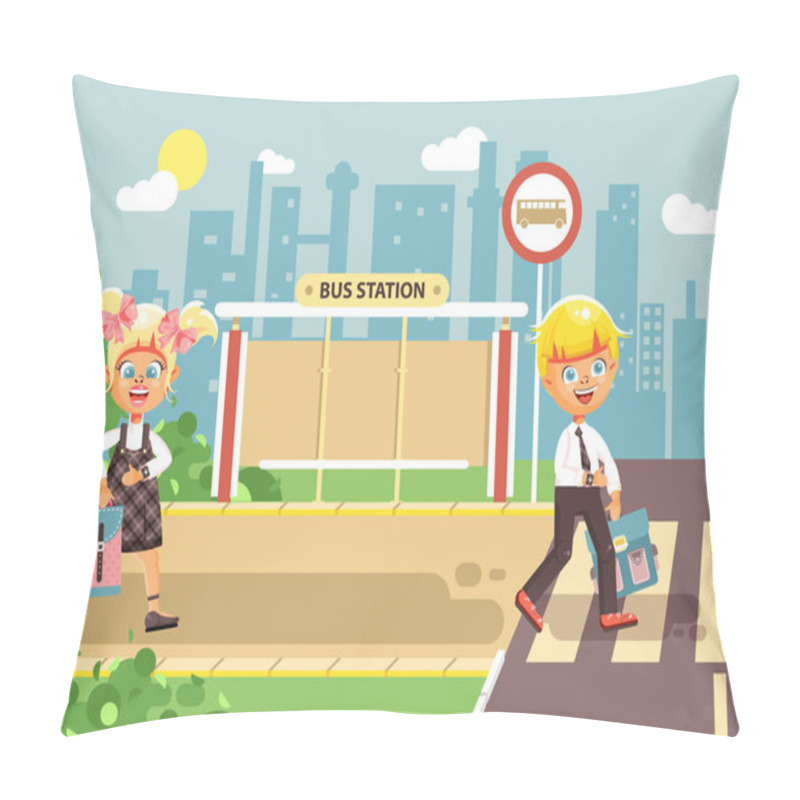 Personality  Vector Illustration Cartoon Characters Children, Observance Traffic Rules, Boy And Girl Schoolchildren Classmates Go To Road Pedestrian Crossing, Bus Stop Background Back To School In Flat Style Pillow Covers