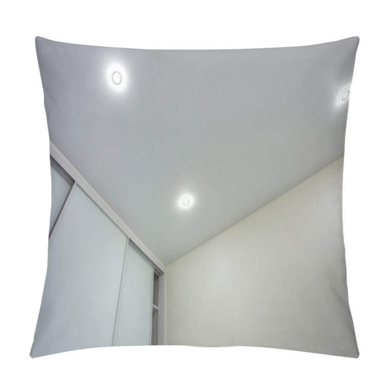 Personality  Suspended Ceiling With Halogen Spots Lamps And Drywall Construction In Empty Room In Apartment Or House. Stretch Ceiling White And Complex Shape. Pillow Covers