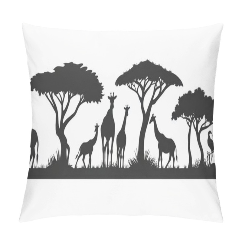 Personality  Silhouette Of Giraffes And Trees In A Serene Landscape, Showcasing A Peaceful Wildlife Scene. Pillow Covers